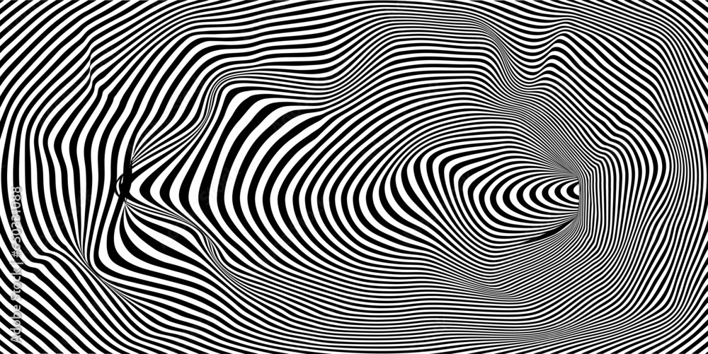 Geometric abstract hypnotic wormhole tunnel. Optical Illusion background. Black and white pattern, spherical volume