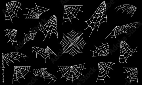 Spider web set. Halloween hand drawn cobweb collection.Spiderweb icon.Isolated on black background