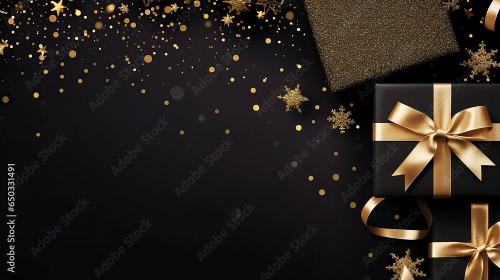 Blank Christmas banner. Black background Xmas design with present box and gold sparkle Blank Christmas banner. Black background Xmas design with present box and gold sparkle