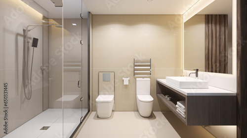 3D-rendered residential bathroom and toilet design  characterized by its clean  modern aesthetics and furnished with a washstand  toilet  and shower equipment.