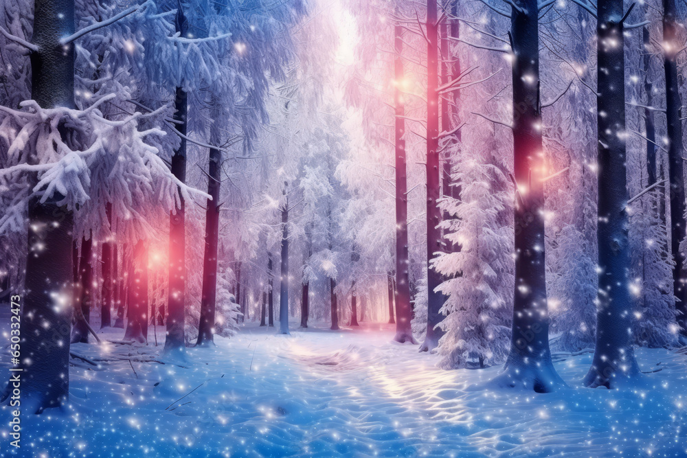 Christmas new year magic, snow fall in winter forest