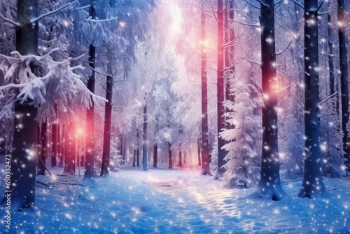 Christmas new year magic  snow fall in winter forest