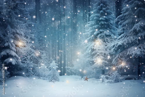 Christmas new year magic, snow fall in winter forest