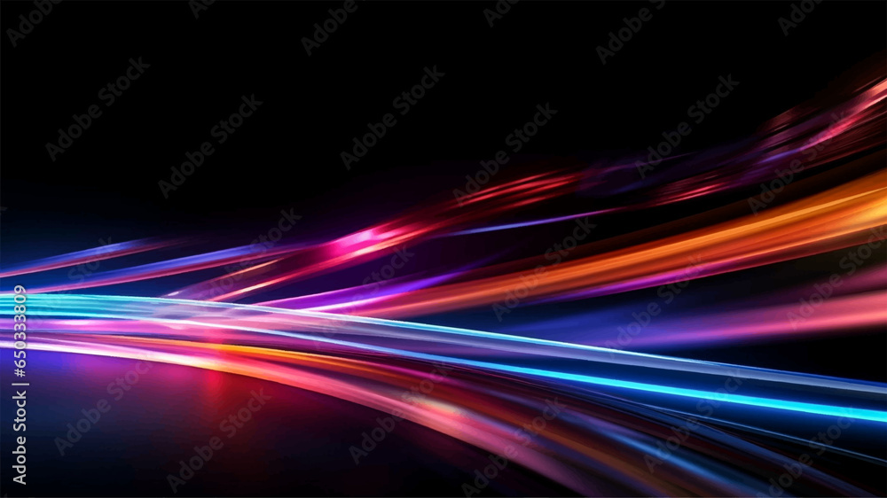 Colorful light trails with motion effect for animation and motion graphic. Overlay neon light vector illustration isolated on black background