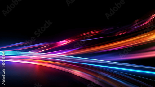Colorful light trails with motion effect for animation and motion graphic. Overlay neon light vector illustration isolated on black background