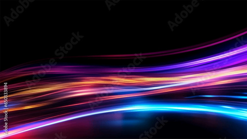 Colorful light trails with motion effect for animation and motion graphic. Overlay neon light vector illustration isolated on black background