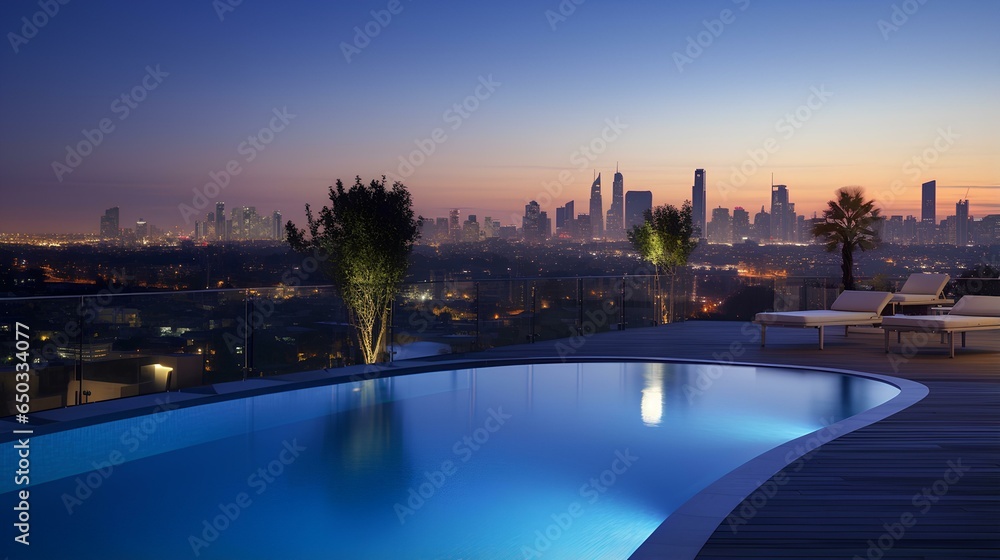 Elegant mockup of a luxury pool overlooking a panoramic city view at dusk. generative AI