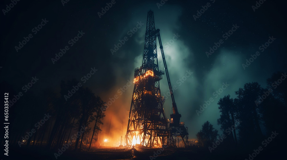 Petroleum concept. Oil pump rig. Oil and gas production. Oilfield site. Pump Jack are running. Drilling derricks for fossil fuels output and crude oil production. Global crisis. War on oil prices.