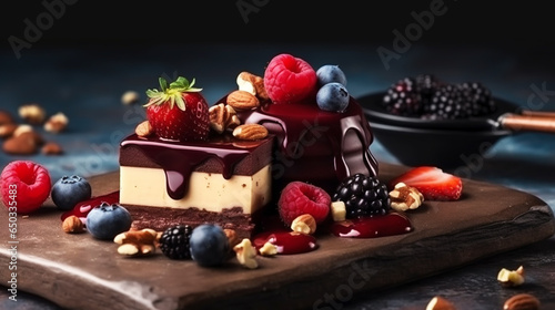 Homemade chocolate cake with fresh berries. 
