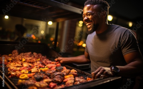 Happy man grilling on a BBQ. Generative AI
