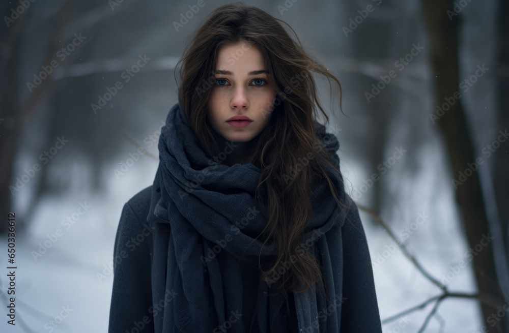 Young woman alone in a snowy forest Young woman alone in a snowy forest