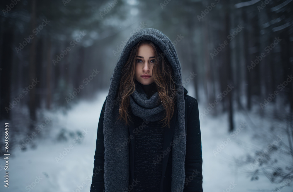 Young woman alone in a snowy forest Young woman alone in a snowy forest