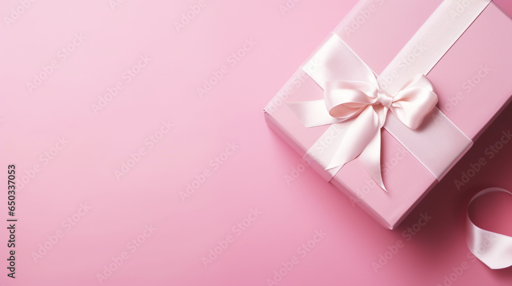 Holiday pink background with gift, gold satin bow. 