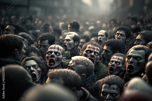 Zombies with scary faces in the crowd during the zombie apocalypse. Horror theme for Halloween or game party ad. photo