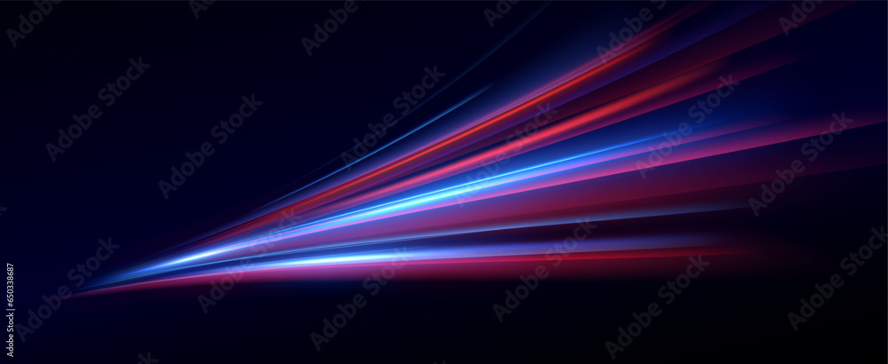  Neon red and blue speed lines. Speed ​​of acceleration and movement. Light trails, motion blur effect. Night illumination in blue and red.