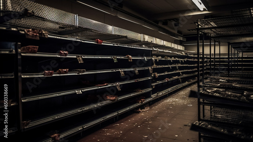Lack of Goods.  Barren Shelves.  Empty Grocery Store. AI generated photo
