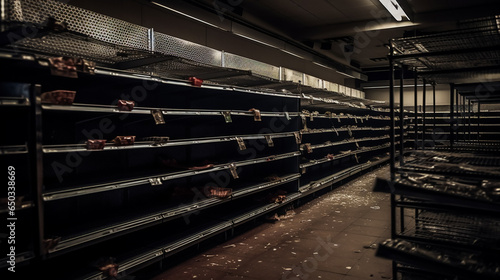 Lack of Goods.  Barren Shelves.  Empty Grocery Store. AI generated