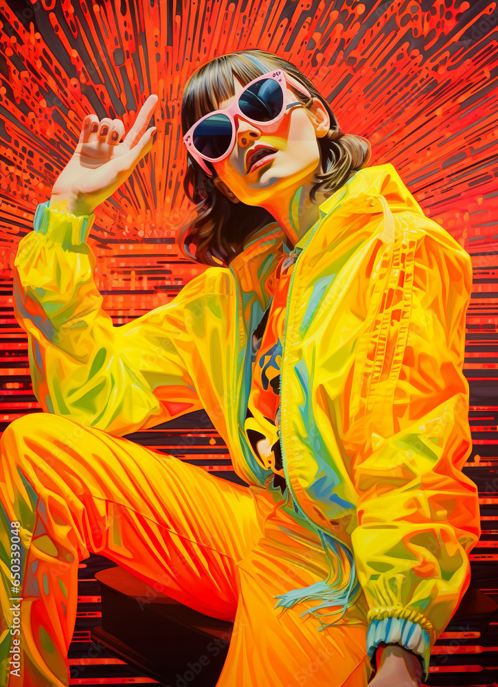 young stylish teenager girl dressed in yellow vibrant wear, modern rave youth