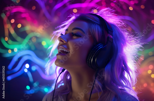 young beautiful girl listen music in.headphones, colorful vibrant image