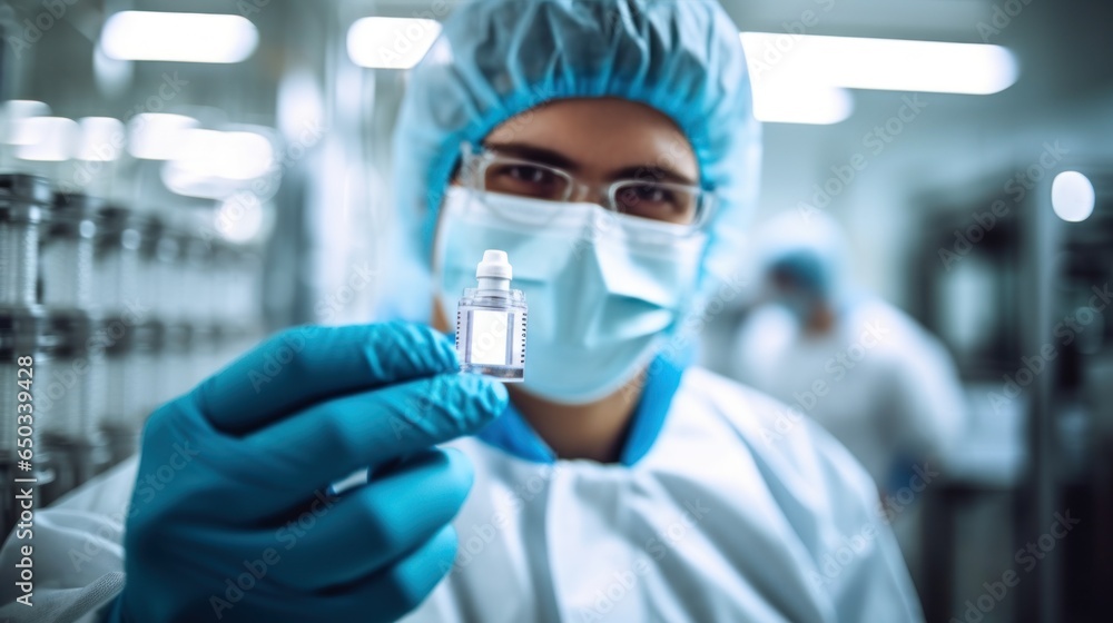 Pharmaceutical workers or technologists in protective equipment controlling the quality of vaccine production in a factory Pharmaceutical workers or technologists in protective equipment controlling the quality of vaccine production in a factory