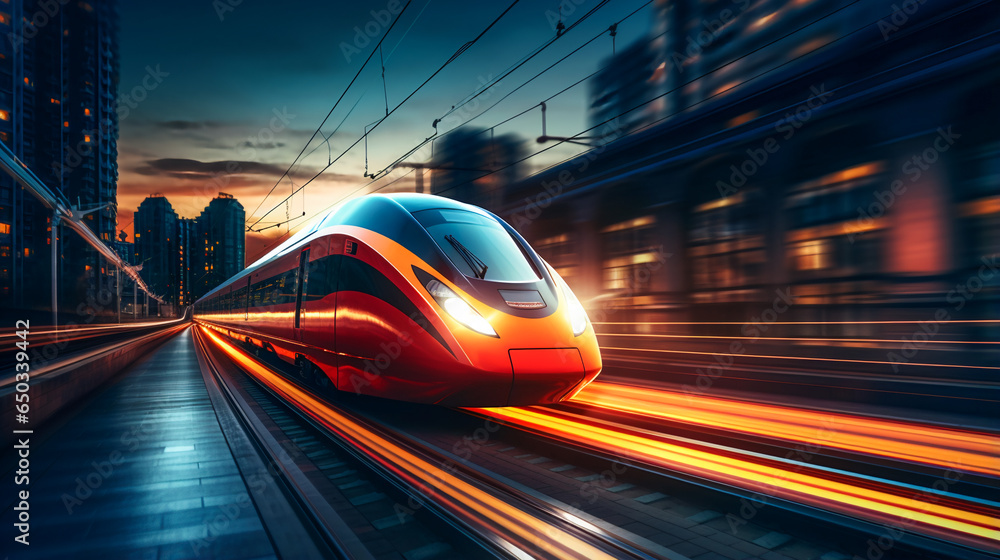 A high-speed train hurtling down a modern railway track