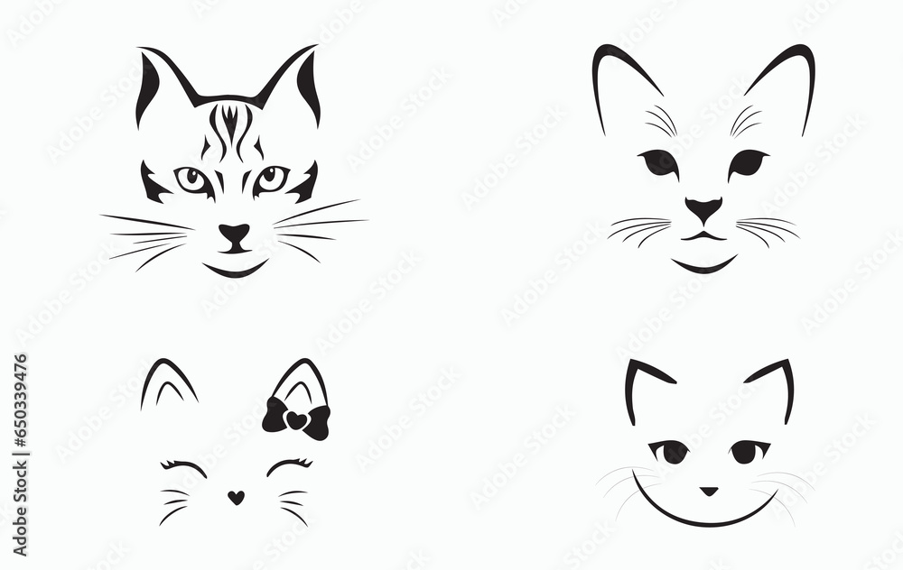 set of cats face line art, cat, animal, kitten, pet, vector, cute, cartoon, illustration, kitty, feline, domestic, black, art, funny, pets, drawing, head, icon, mammal, cats, symbol, silhouette, love