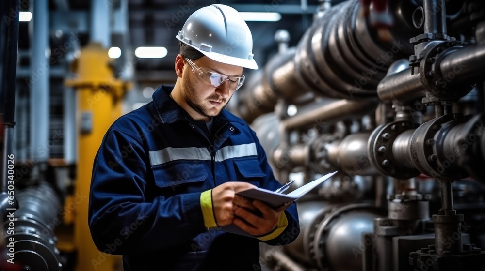 Worker supervisor in district heating plant doing quality control and inspection of pipes and valves. Worker supervisor in district heating plant doing quality control and inspection of pipes and valves.