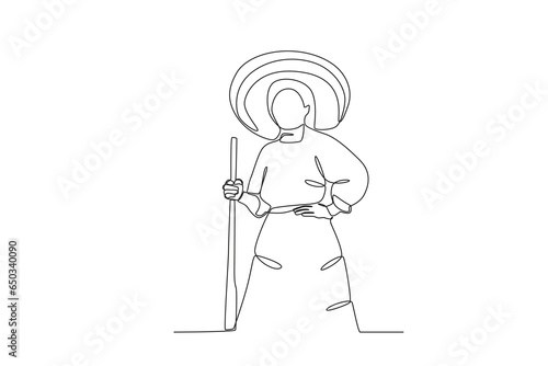 A Mexican woman carries a gun in her hand. Revolucion mexicana one-line drawing