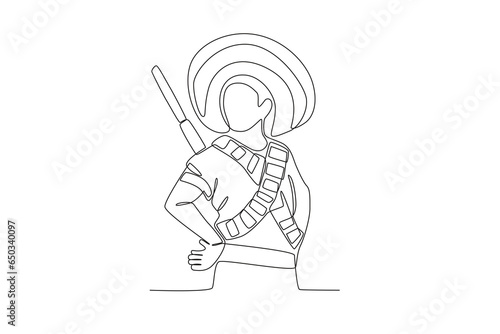 A Mexican patriot carries a full arsenal. Revolucion mexicana one-line drawing