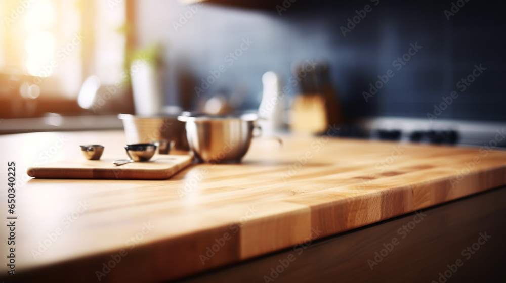 empty table board and defocused modern kitchen background. generative ai