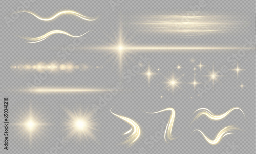 Collection of highlights, stars and rays of light with luminous swirling and spiraling particles on a transparent background. Flying star effect.