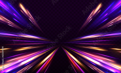 City light trails motion background. Light arc in neon colors, in the form of a turn and a zigzag. Illustration of high speed concept. 