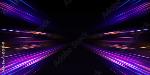 Neon stripes in the form of drill, turns and swirl. Illustration of high speed concept.  Image of speed motion on the road. Abstract background in blue and purple neon glow colors.