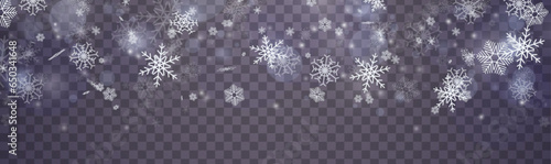 Seamless realistic falling snow or snowflakes. Cold weather effect. Magic fantasy nature snowfall decoration. Vector illustration