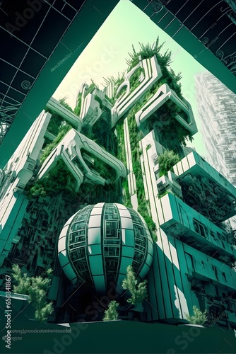 futuristic clean pristine cyberpunk architecture in green setting white buildings of organic intricate structures 8k wideangled areal view hyperrealistic hyperdetailed from the inside  photo