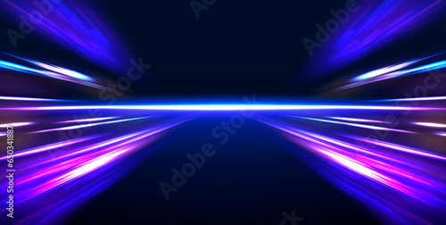Horizontal speed lines connection vector background. Futuristic dynamic motion technology blue glowing lines air flow effect.