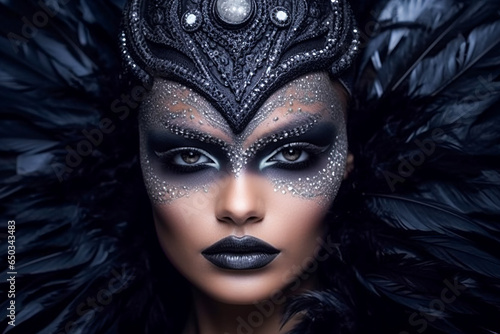 Dramatic Crow-Inspired Beauty. Feathered Fantasy Elegance Unveiled. AI Generated © EwaStudio