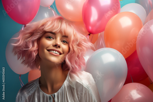Celebration, festive and lifestyles concept. Studio portrait of happy and smiling woman with colorful balloons in background. Generative AI