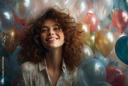 Celebration, festive and lifestyles concept. Studio portrait of happy and smiling woman with colorful balloons in background. Generative AI © Rytis