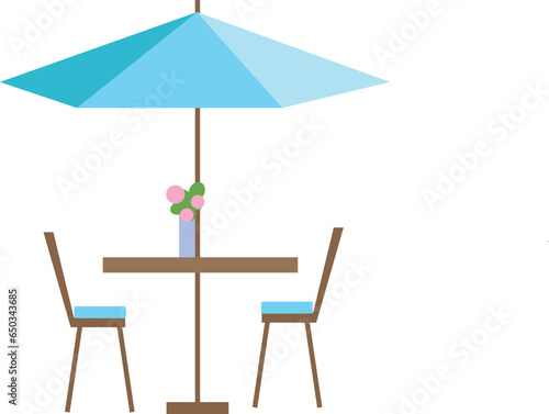 a small table with an umbrella from the sun and two chairs. A set for a cafe  an outdoor terrace  a restaurant  a cozy place decorated with a vase of flowers