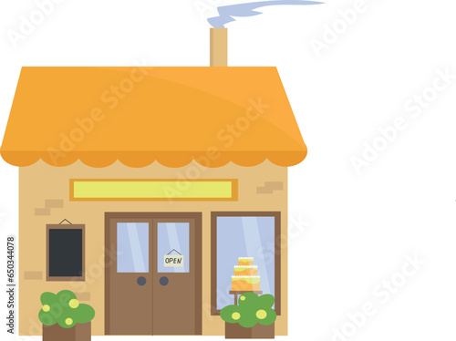 Cute cafe shop with an orange roof. Pastry shop, bakery with a cake in the window. cute flat cartoon style. Advertising, banners, logo