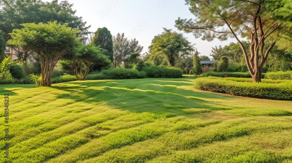 Green carpet grass smooth lawn in garden with row of bush and trees on the background. AI Generated Green carpet grass smooth lawn in garden with row of bush and trees on the background. AI Generated