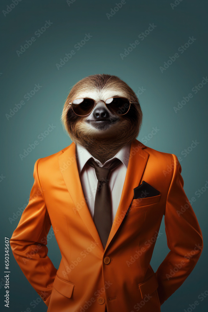 Fototapeta premium Sloth wearing human clothes and glasses, stylish businessman