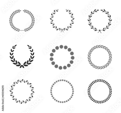 set different vector laurel wheat floral and foliate wreaths and circular frames 