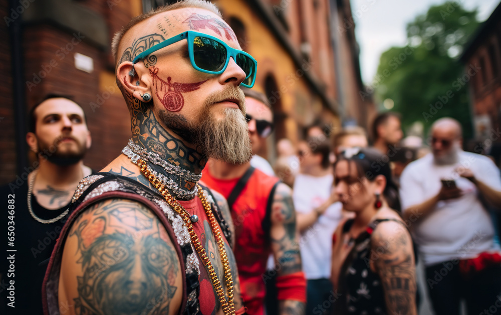 young stylish people with tattooed body at dance or rock music festival, rave event 