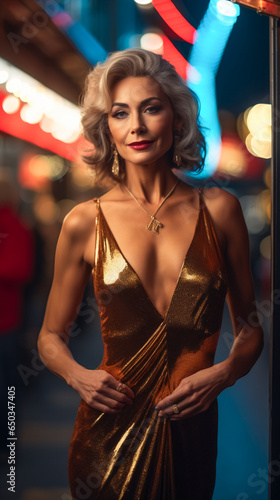 Radiant Mature Lady in a Low-Cut Gold Dress