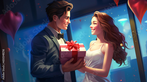 Gift Exchange of a Content Married Duo on a Special Day.  Smiling Couple Shares Gift