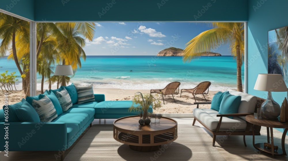 Luxury villa with terrace on a paradisiacal beach in the Caribbean with palm trees and quiet landscape; Perfect for relaxation and short vacations.