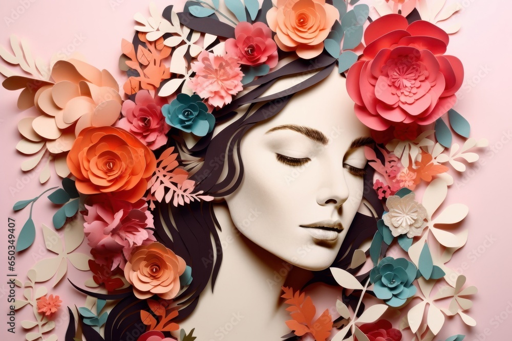 Paper art style , Women's day specials offer sale wording isolate , Happy women's day 8 march with women of different frame of flower , Generative AI