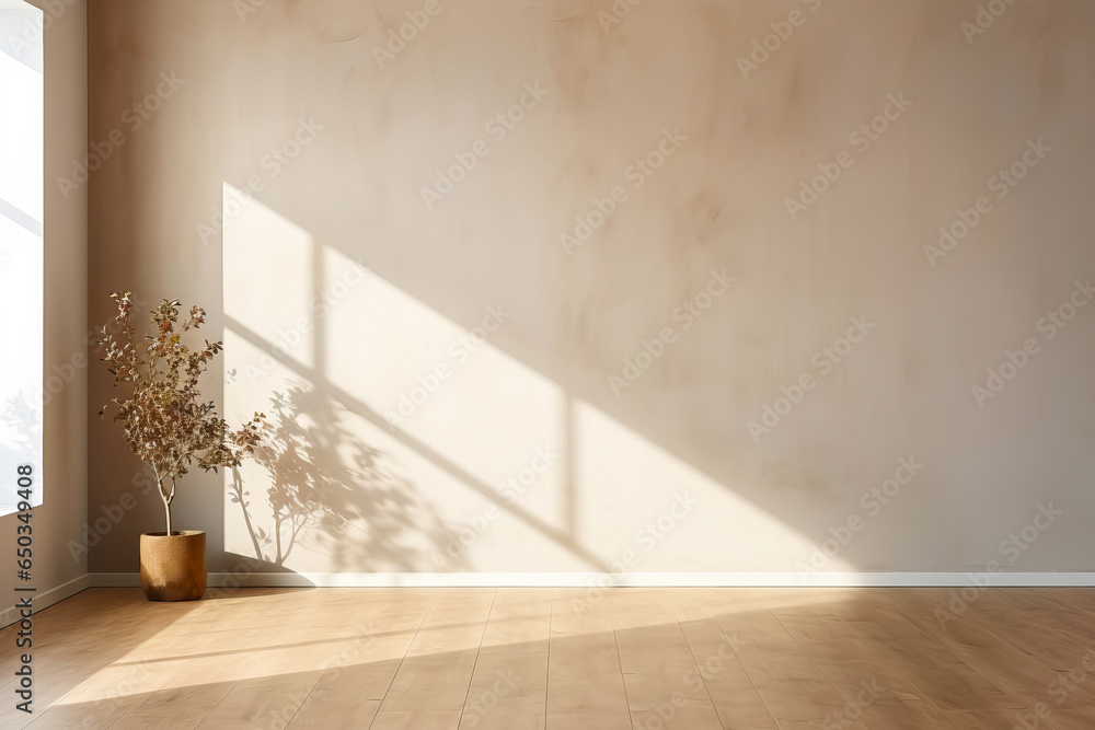Modern beige Interior with geometrical sunlight, shadows and natural decor. Empty wall mockup Modern beige Interior with geometrical sunlight, shadows and natural decor. Empty wall mockup